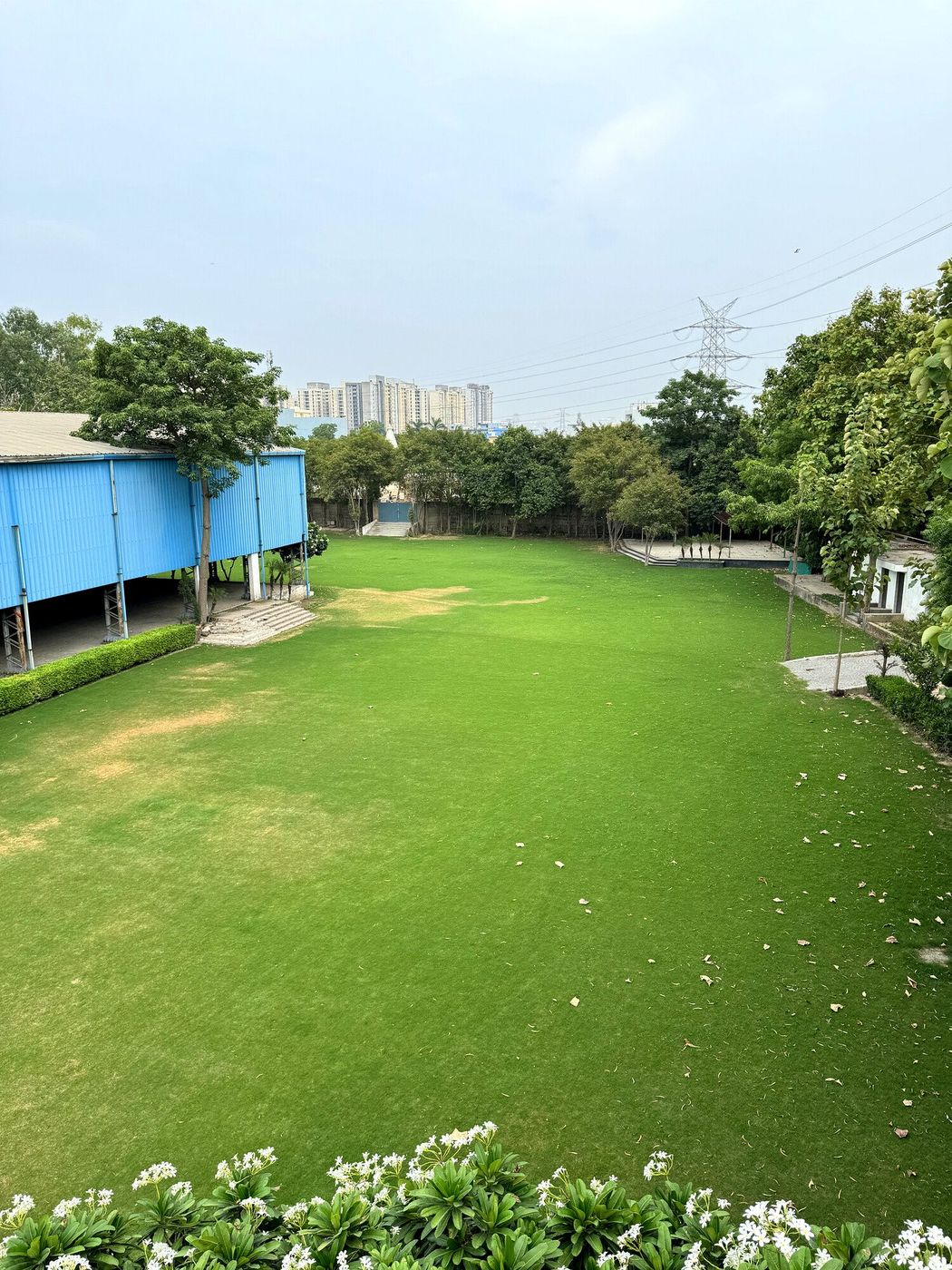 Elevated view of the undecorated wedding lawn at Aarna Farms Noida with frangipani blooms in the foreground, tree-lined boundary and Noida skyline beyond